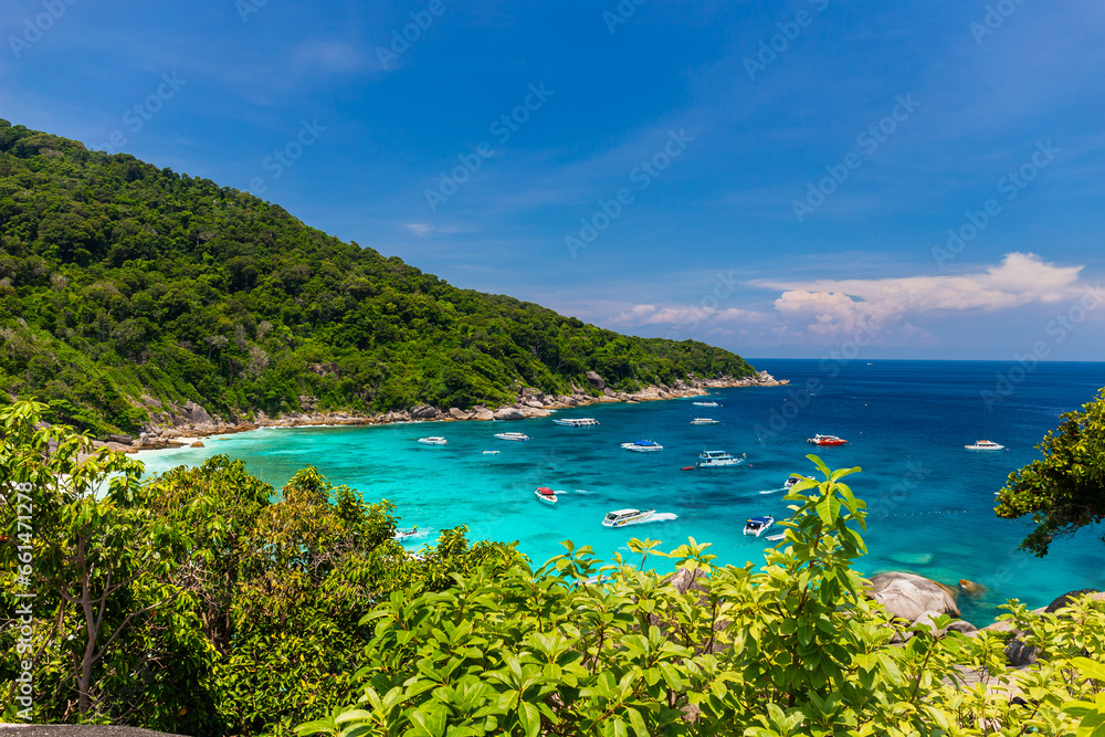 Similan Island view point with speed boat Many boats are waiting to transport tourists in the high season, Phang Nga Province, Thailand.