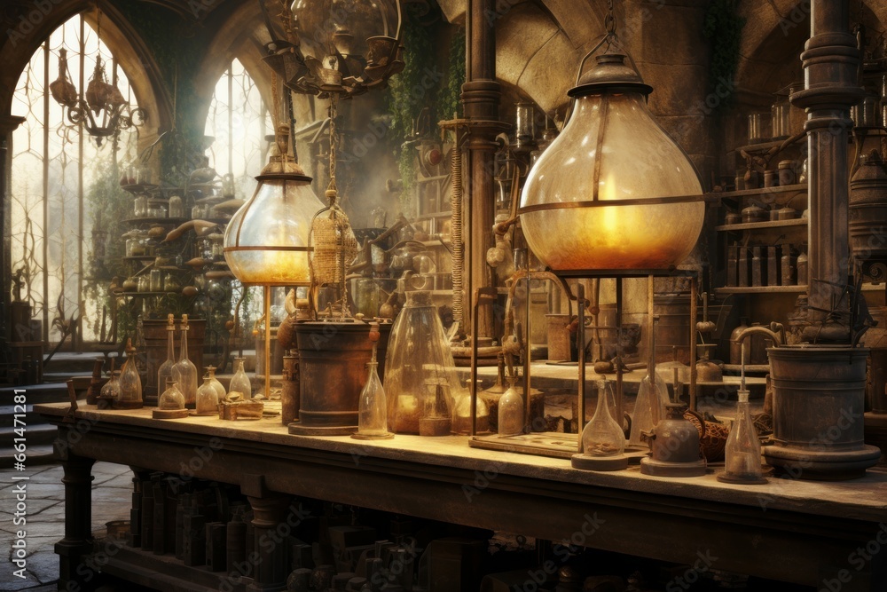 Arcane wizard laboratory. Magic lab ancient. Generate Ai