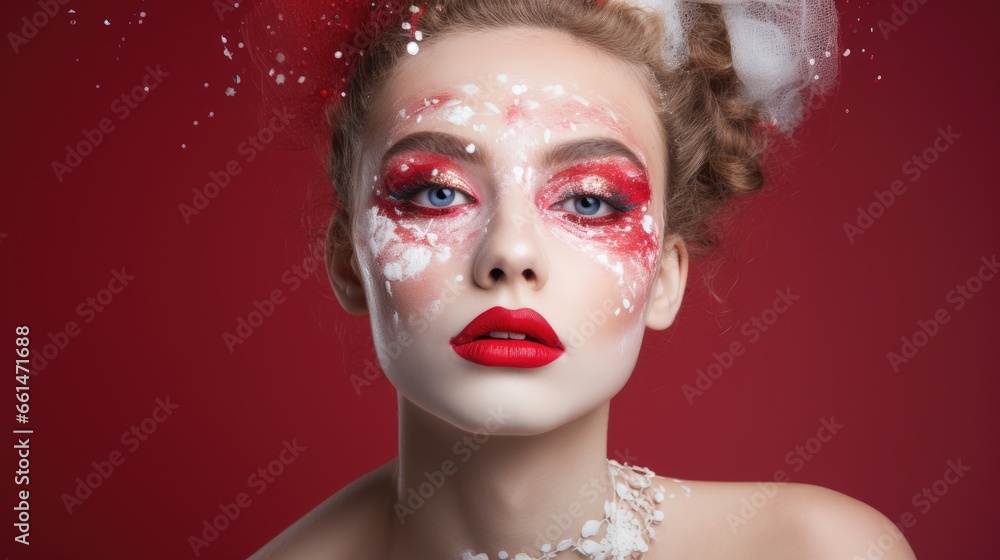 Artistic Christmas makeup on red backdrop Artistic Christmas makeup on red backdrop