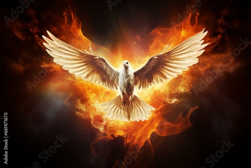 An image featuring the representation of the Holy Spirit through a dove and flame for Pentecost Sunday. Generative AI