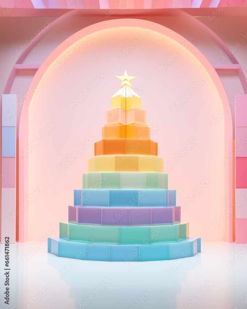 Vibrant christmas cheer bursts from a geometric tree of dazzling hues, cascading down a wall in a playful display of festive magic Vibrant christmas cheer bursts from a geometric tree of dazzling hues, cascading down a wall in a playful display of festive magic