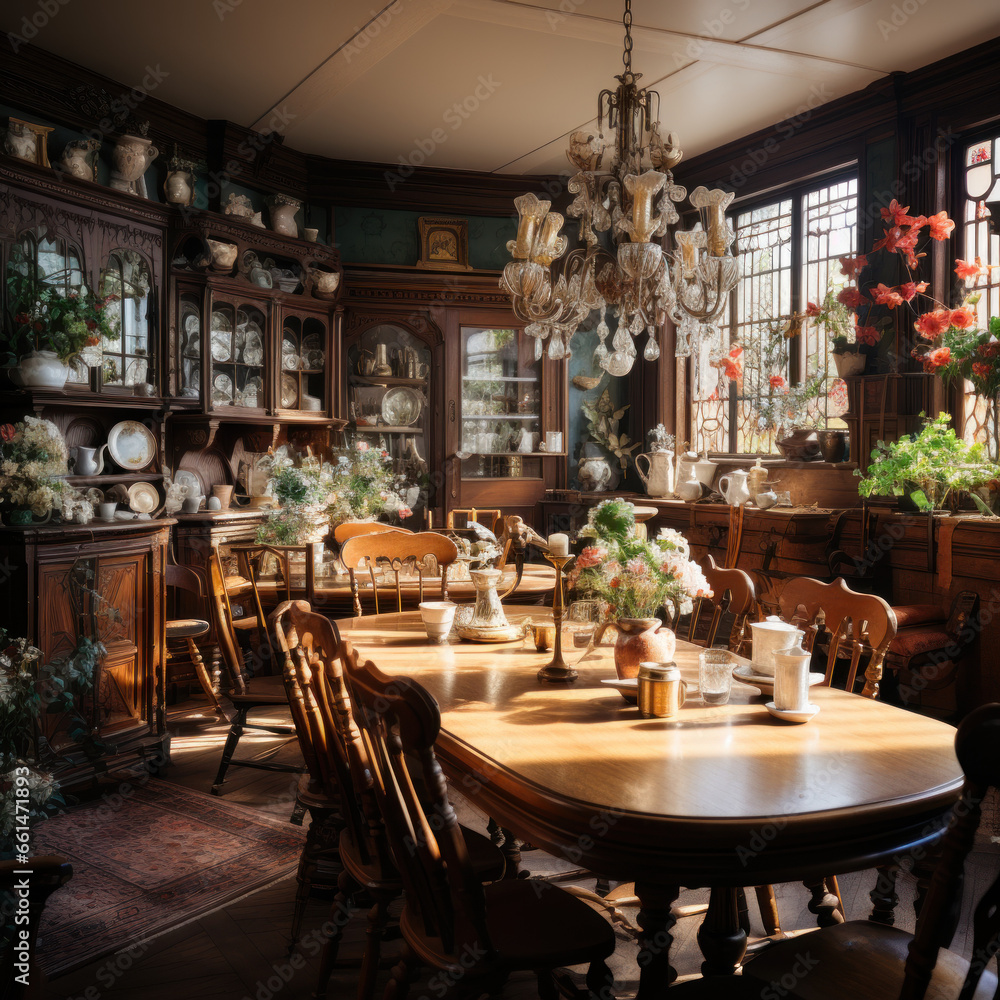  a vintage dining room with floral 
