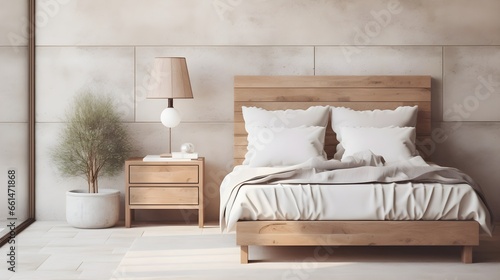 bedroom with bed, Farmhouse interior design of modern bedroom, Rustic bedside cabinet near bed with beige pillows