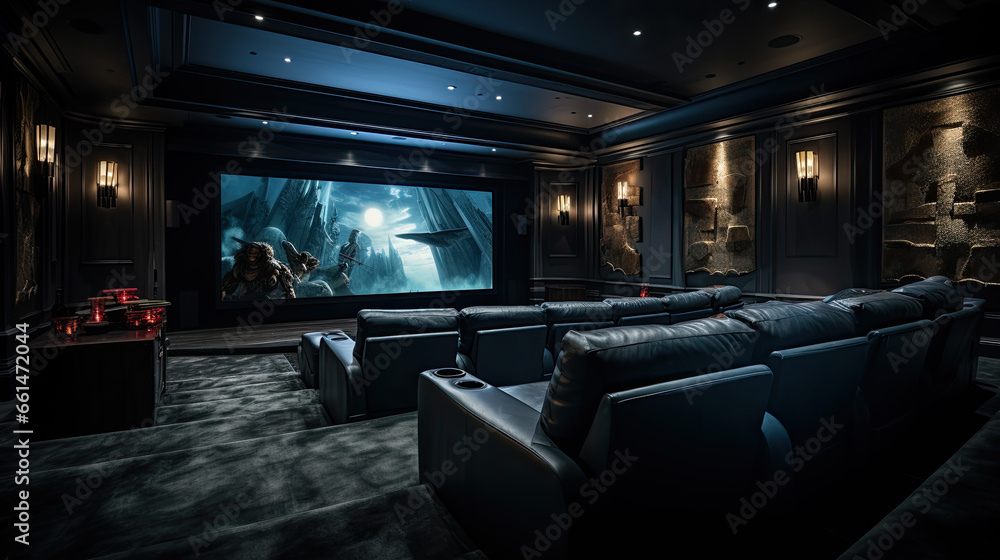 A large house cinema with leather chairs in a villa