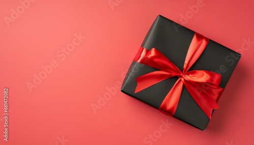 Top view of black giftbox with red ribbon on red background with empty space