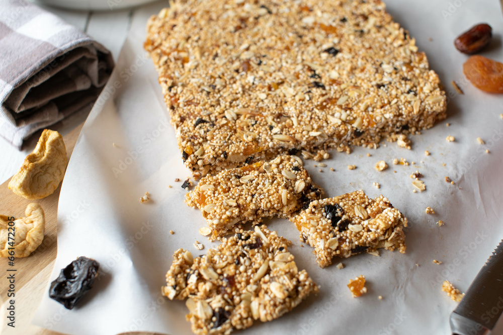 No bake granola bar with oats, puffed amaranth and quinoa, honey, dried fruits such as plums