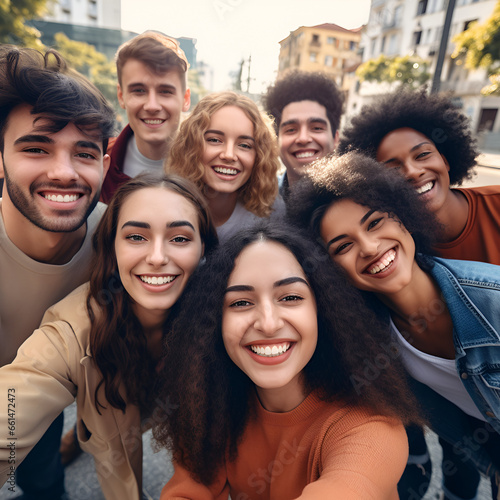 Multi ethnic student guys and girls taking selfie outdoors. Happy lifestyle friendship concept with young multicultural people having fun day together, Generative AI
