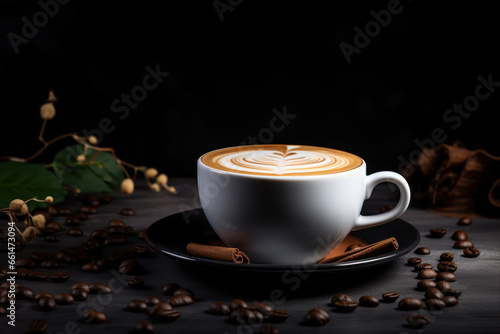 Coffee cup with latte art on black wooden background.