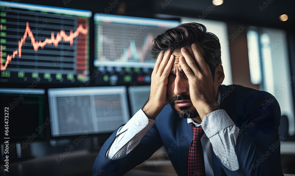 Trading man in suit stressed from the crash on stock market. Trading man in suit stressed from the crash on stock market.