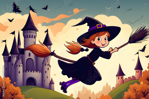 Cute little witch riding a broomstick flying against the background of a castle