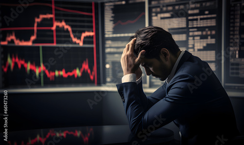 Trading man in suit stressed from the crash on stock market.