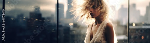 Blonde model in the city wearing sheer white silky dress, panoramic vista of bustling metropolis with high-rise buildings, late afternoon sunset, cold harsh concrete jungle versus fashion beauty.