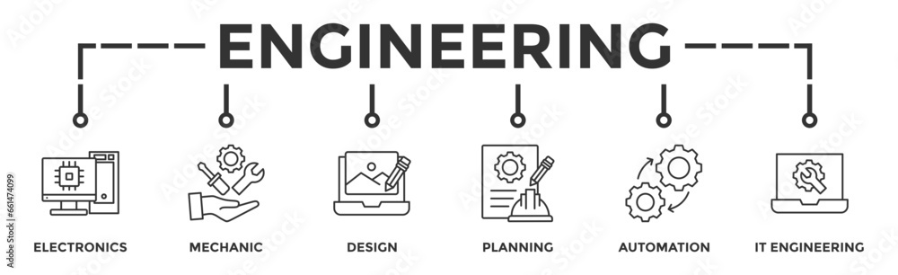 Engineering banner web icon glyph silhouette with icon of electronics, mechanic, design, planning, automation and it engineering