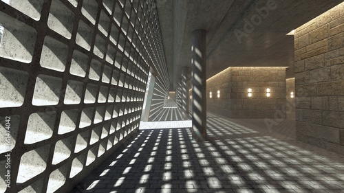 A concrete tunnel with columns and a lattice wall through which sunlight shines, creating a pattern of cells on the floor. Photorealistic 3D illustration in brutalist architectural style.