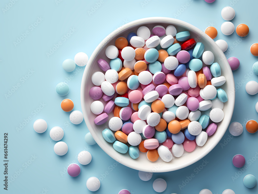 A Bowl Of Pills On A Blue Surface