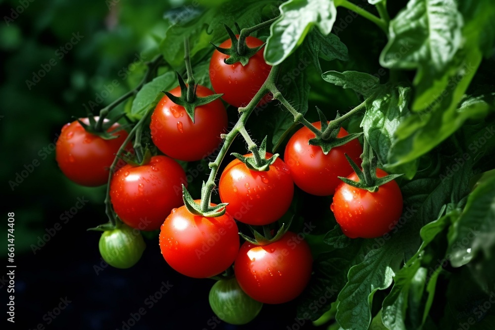 Matured red tomatoes on a plant. Generative AI