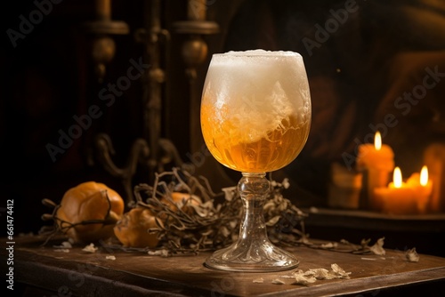 A glass goblet filled with frothy beer rests on a table. Generative AI