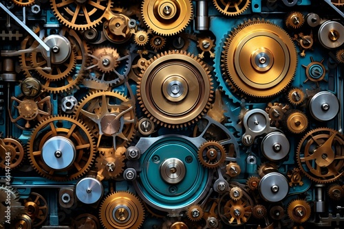 Vibrant metallic tech backdrop featuring gears, nut, and tech components. Generative AI