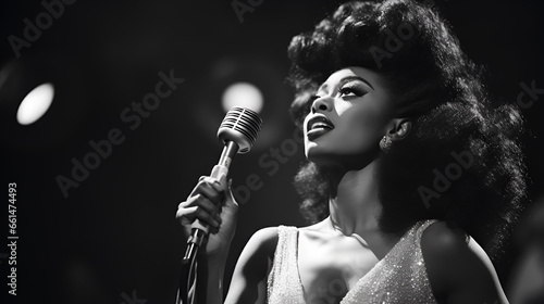 Black and white 1950s inspired  African American woman singing into a microphone in a jazz club