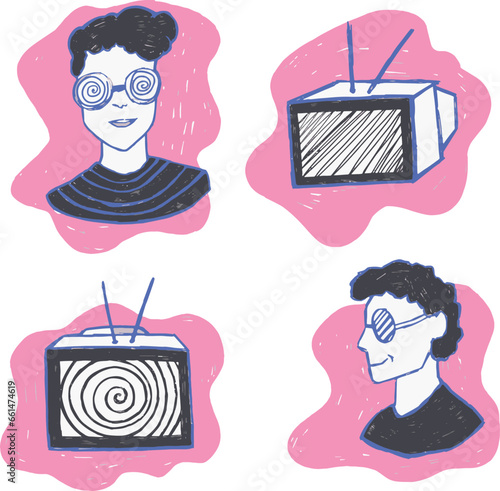 hand-drawn stickers with a TV and a man with glasses isolated on a white background