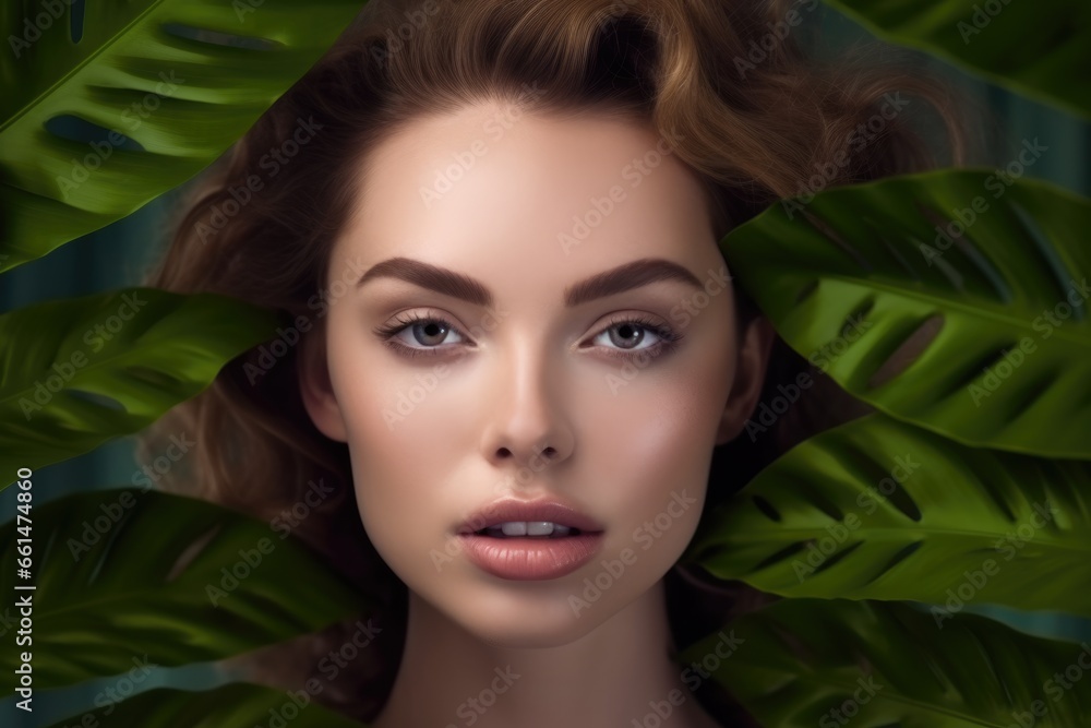 portrait of tender woman with palm leaf , AI Generated portrait of tender woman with palm leaf , AI Generated