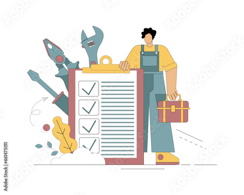 Master, repairman. A man with a suitcase with tools and a tablet of completed work. Vector illustration