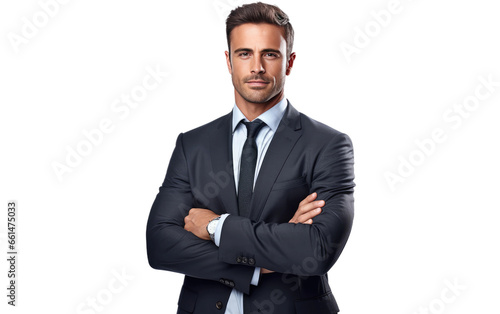 Business Brilliance Male Entrepreneur Confident Stance with Folded Arms Isolated on a Transparent Background PNG.
