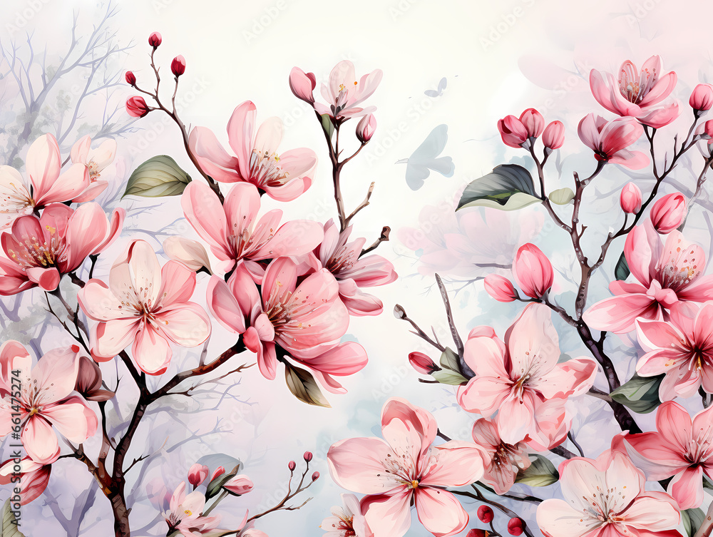 A Painting Of Pink Flowers On Branches A Painting Of Pink Flowers On Branches