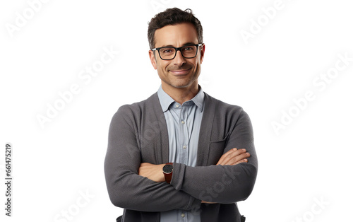 Dedicated Mentor Male Teacher Confident Image in Folded Arms Pose Isolated on a Transparent Background PNG. photo