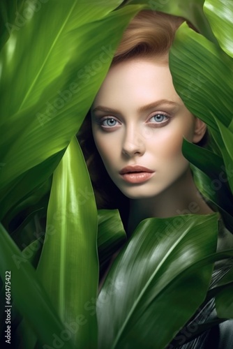 portrait of tender woman with palm leaf , AI Generated
