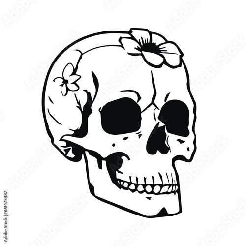 Human skull with flowers outlines design vector illustration isolated on a white background, Good for print, t-shirt, tattoo, etc.