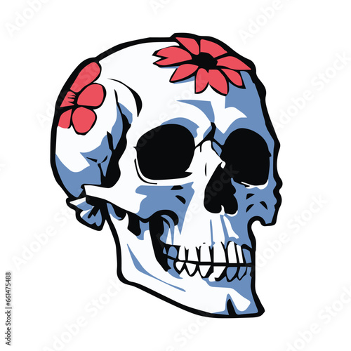 Human skull with flowers design vector illustration isolated on a white background, Good for print, t-shirt, stickers, etc.