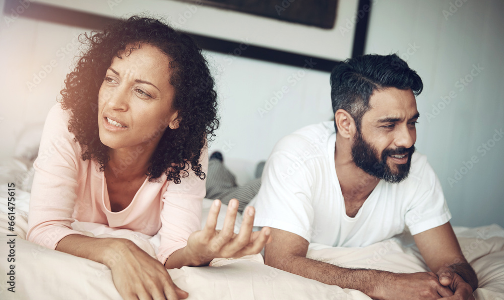 Fototapeta premium Divorce, ignore and couple in bedroom, conflict and depression with marriage fail, stress and mental health risk. Thinking, fighting and woman with man, home and angry with anxiety and frustrated