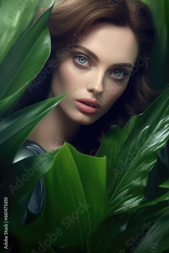 portrait of tender woman with palm leaf , AI Generated