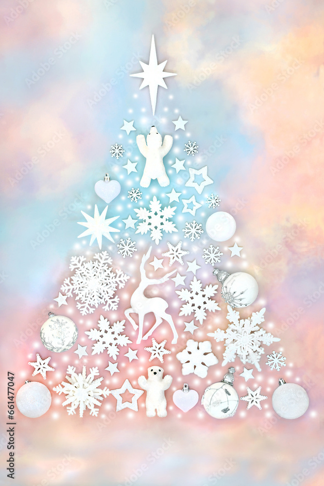 Christmas tree surreal abstract design with white bauble ornaments on rainbow sky background. North Pole abstract theme for Noel Yule greeting card, label, gift tag.
Christmas tree surreal abstract design with white bauble ornaments on rainbow sky background. North Pole abstract theme for Noel Yule greeting card, label, gift tag.