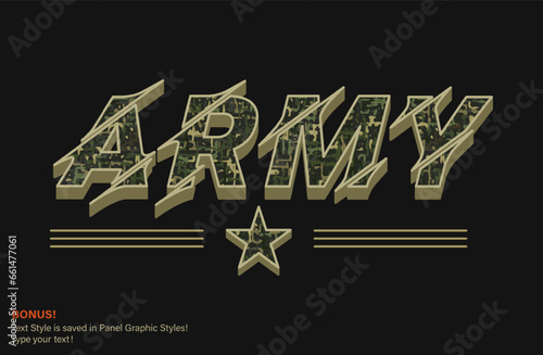 Khaki green T-shirt typography with camouflage texture. Horizontal word Army with stripes and military star. Editable text appearance, text graphic style are included. For sport goods, textile design