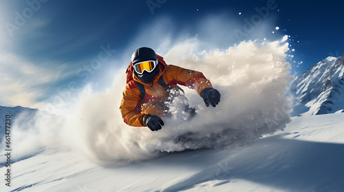 skier on the slope in the mountains. In the snow on wintersport. 