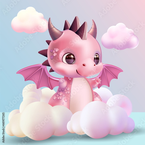 Cute pink dragon in the clouds. Vector 3d. 