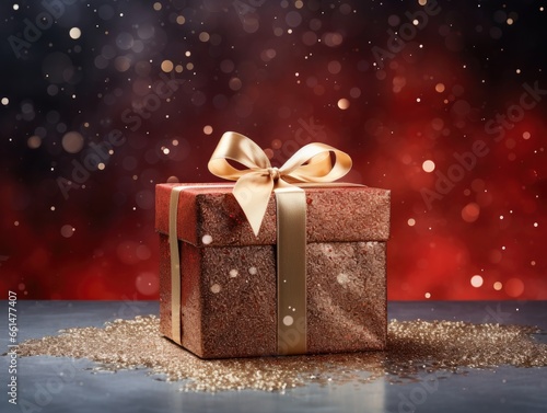 christmas gift box, lovely xmas present with golden ribbon, dreamy red bokeh background, ai generated © leftmade