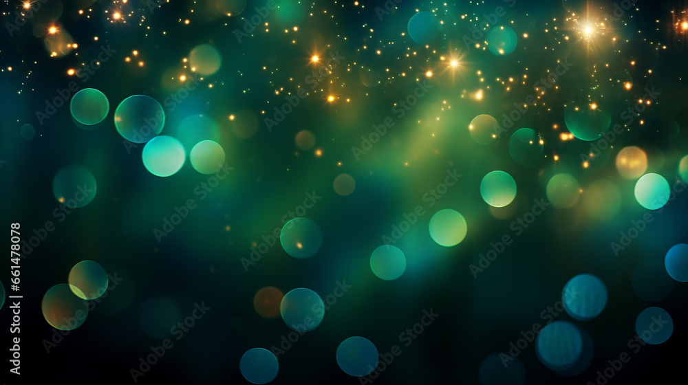 Abstract colorful glowing bokeh on dark green background. Christmas and New Year wallpaper.