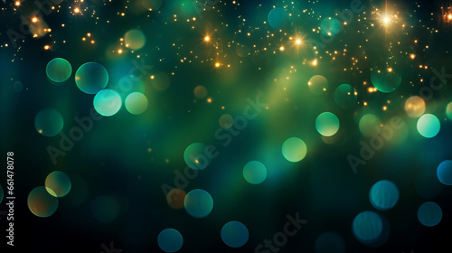 Abstract colorful glowing bokeh on dark green background. Christmas and New Year wallpaper.