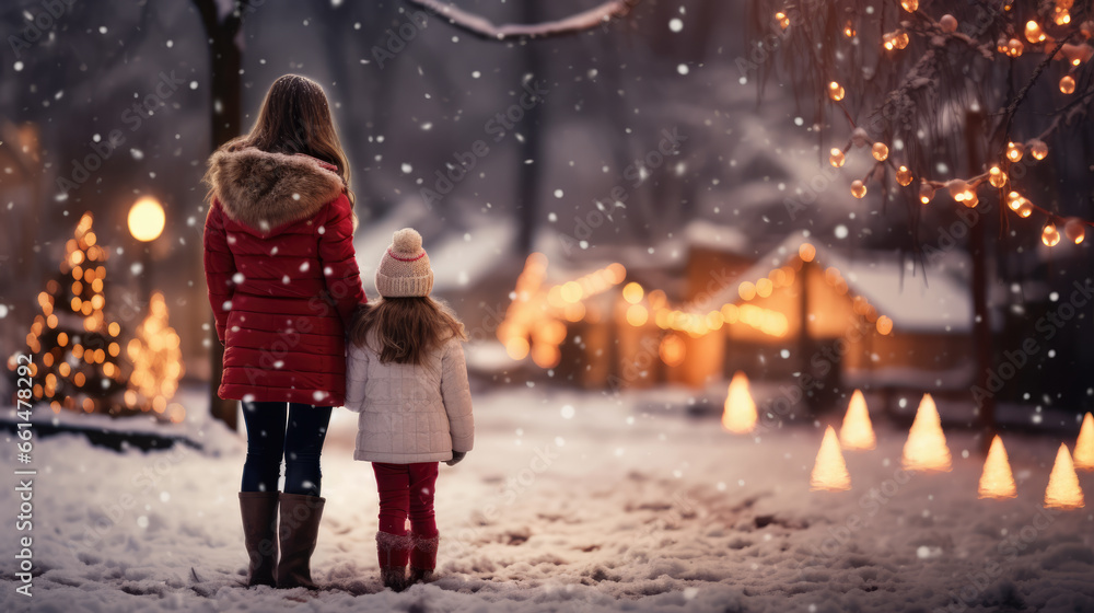 Mother and Daughter Gazing at Christmas Tree in a Snowy Night Mother and Daughter Gazing at Christmas Tree in a Snowy Night