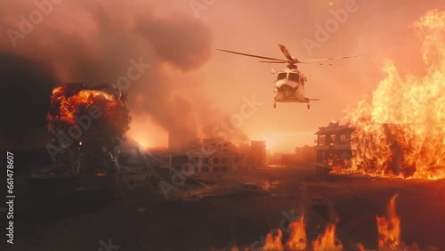 Military helicopter above destroyed city. Huge firestorm, explosions and smoke. War concept video. photo