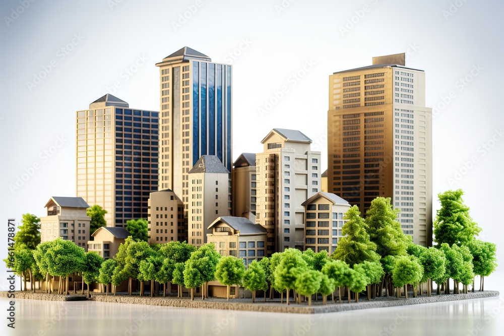 Obraz premium An image of real estate properties, including residential and commercial buildings, emphasizing real estate as an investment class