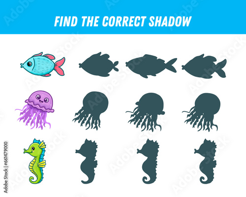 Find correct shadow of sea fishes. Educational logical game for kids. Cartoon fish.