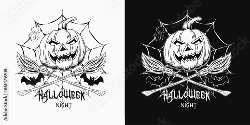 Halloween label with pumpkin head with grinning grimace, criss crossed brooms, bats, grunge silhouette of spider web, text. Black and white illustration in vintage style. Not AI