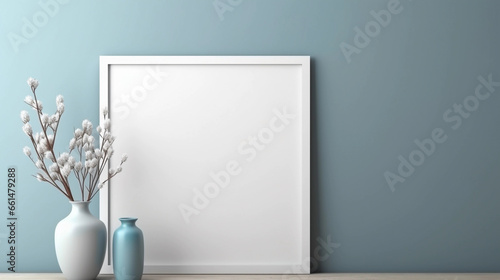 Neutrales modernes Wohndesign, Vase mit Trockenblumen, leerer Rahmen an der Wand, Generative AI
