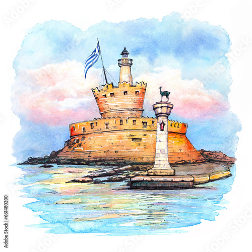Watercolor sketch of Mandraki harbor entrance and lighthouse of Rhodes, Dodecanese islands, Greece