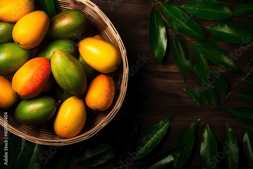 Top view of a medley of mangoes in a wooden basket on a green leaf background.