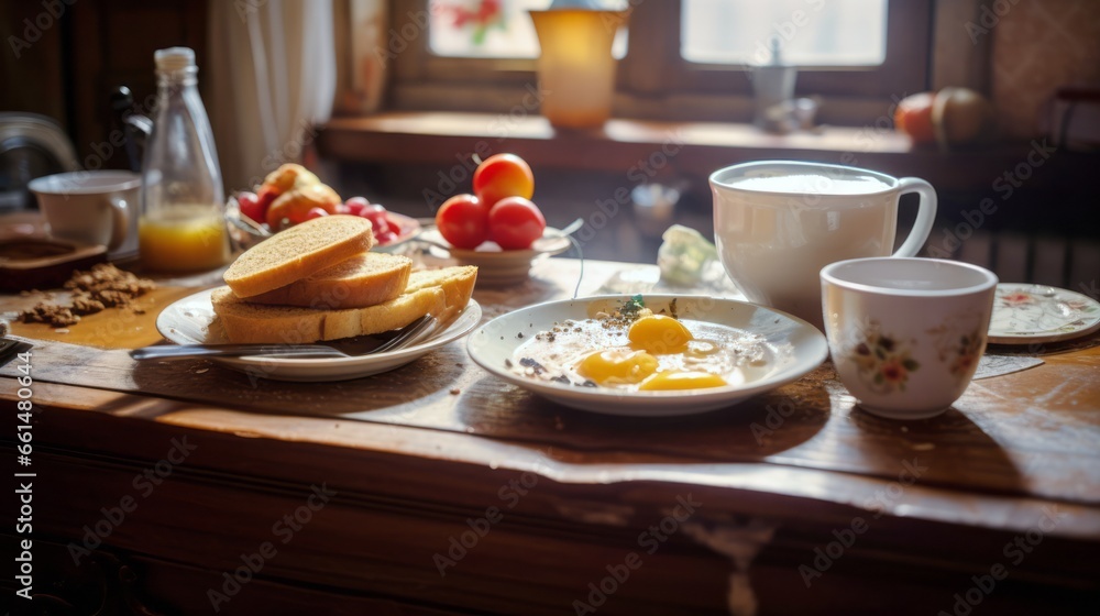 A set of breakfast on the wooden table